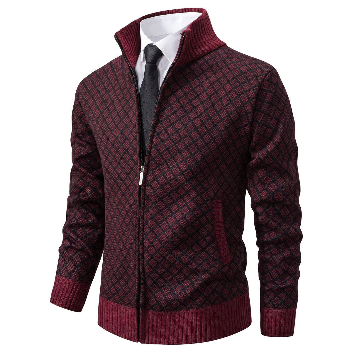 James - Men's Zip-Up Diamond Knit Sweater Jacket with Stand Collar