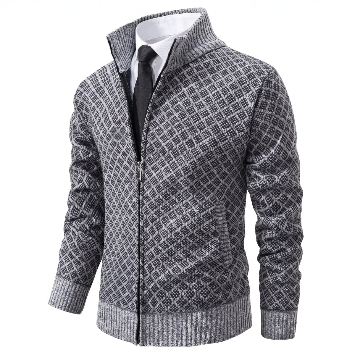 James - Men's Zip-Up Diamond Knit Sweater Jacket with Stand Collar