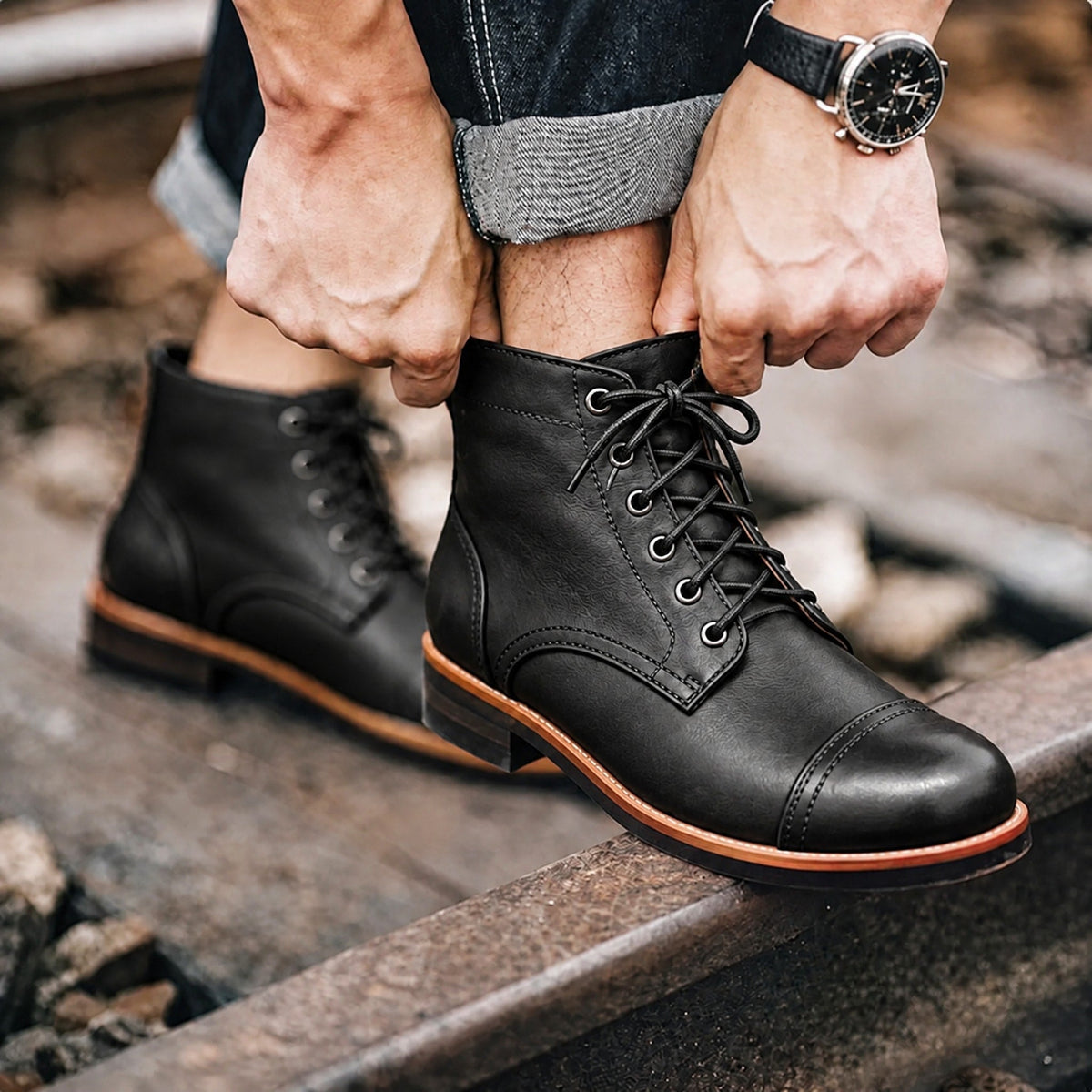 Jasper - Men's Cap Toe Lace-Up Ankle Boots with Leather Look