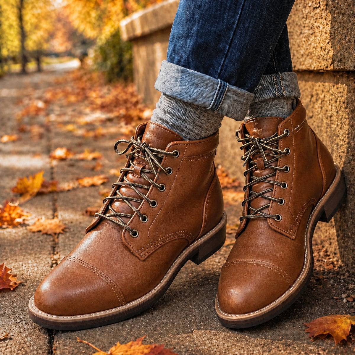 Jasper - Men's Cap Toe Lace-Up Ankle Boots with Leather Look