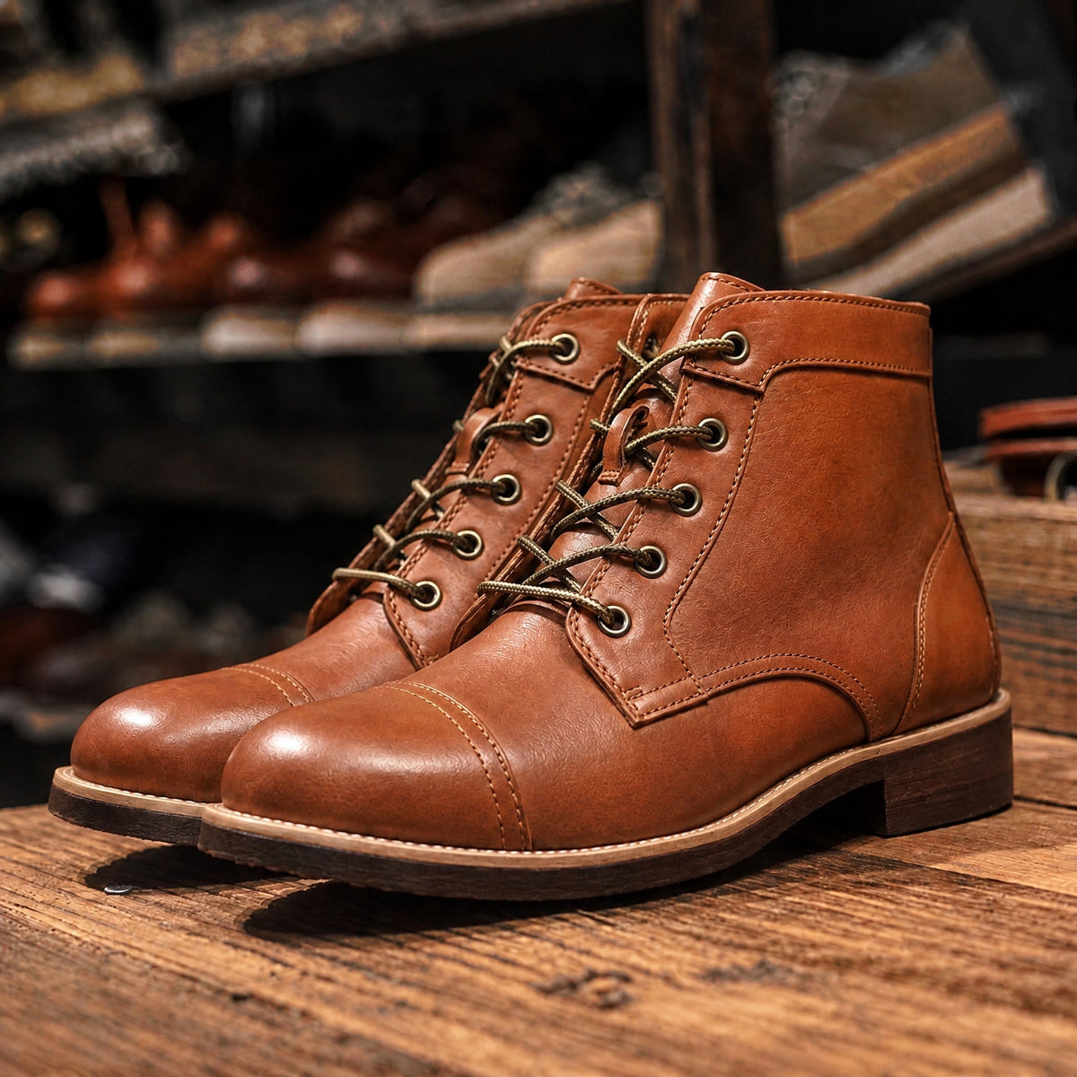 Jasper - Men's Cap Toe Lace-Up Ankle Boots with Leather Look