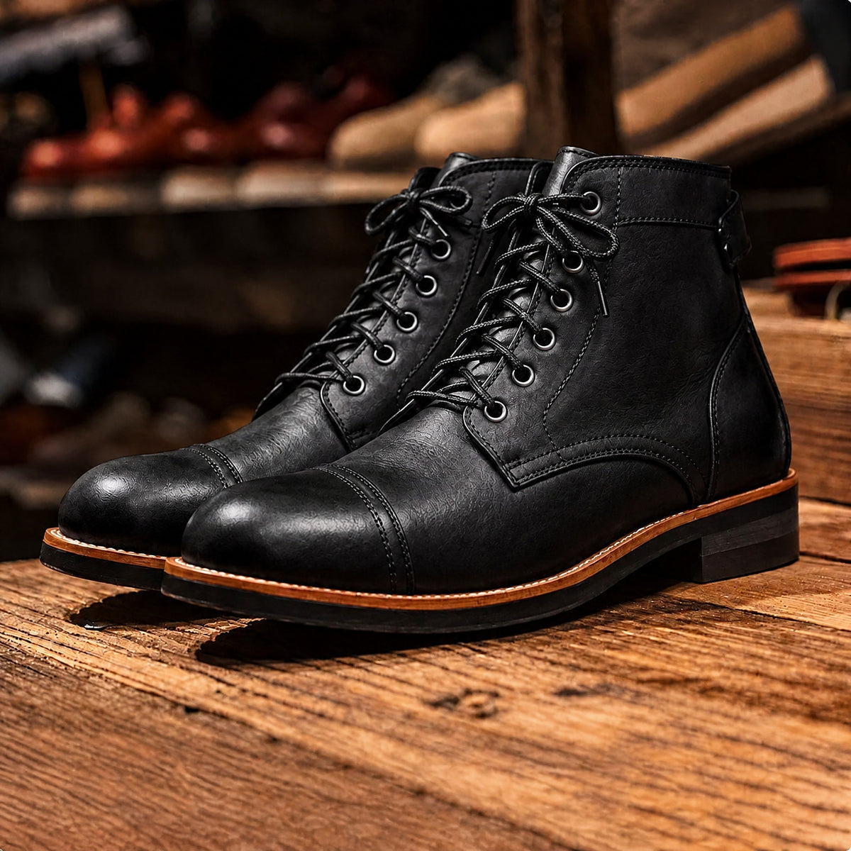 Jasper - Men's Cap Toe Lace-Up Ankle Boots with Leather Look