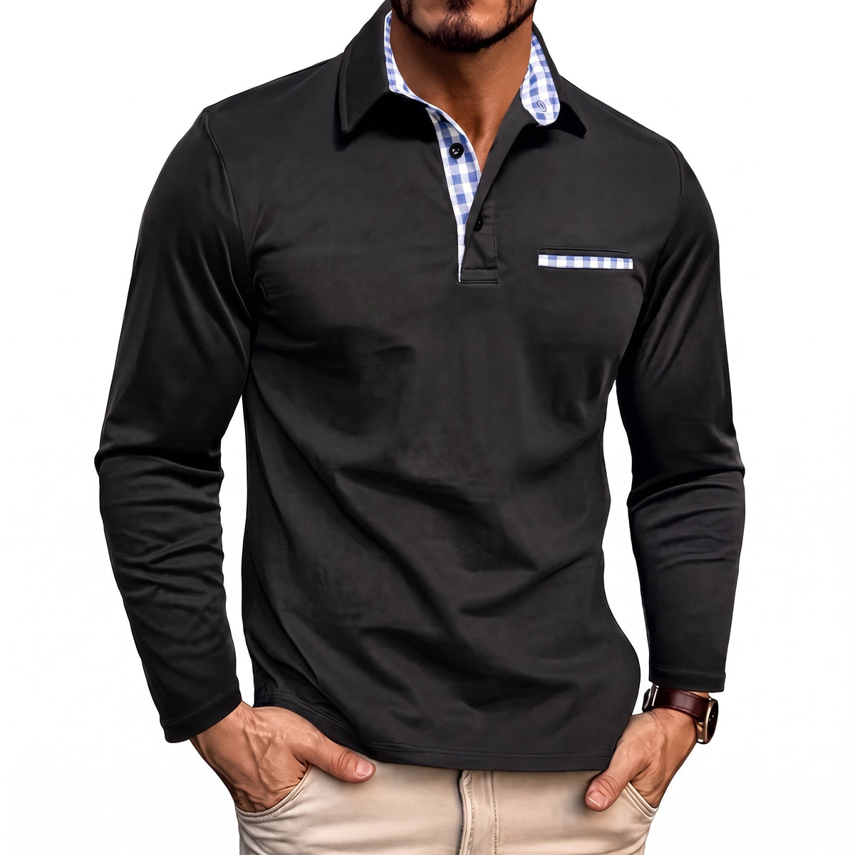 Johann - Men's Long Sleeve Polo Shirt with Contrast Check Collar