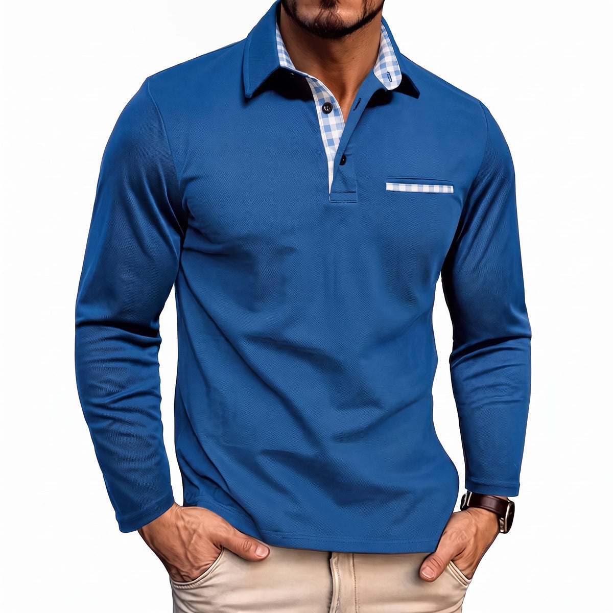 Johann - Men's Long Sleeve Polo Shirt with Contrast Check Collar