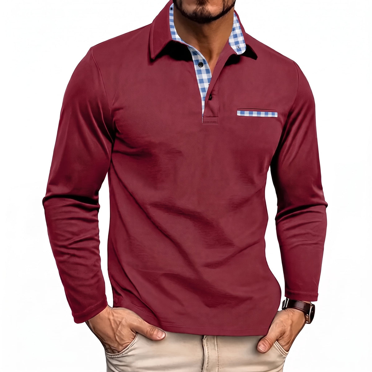 Johann - Men's Long Sleeve Polo Shirt with Contrast Check Collar