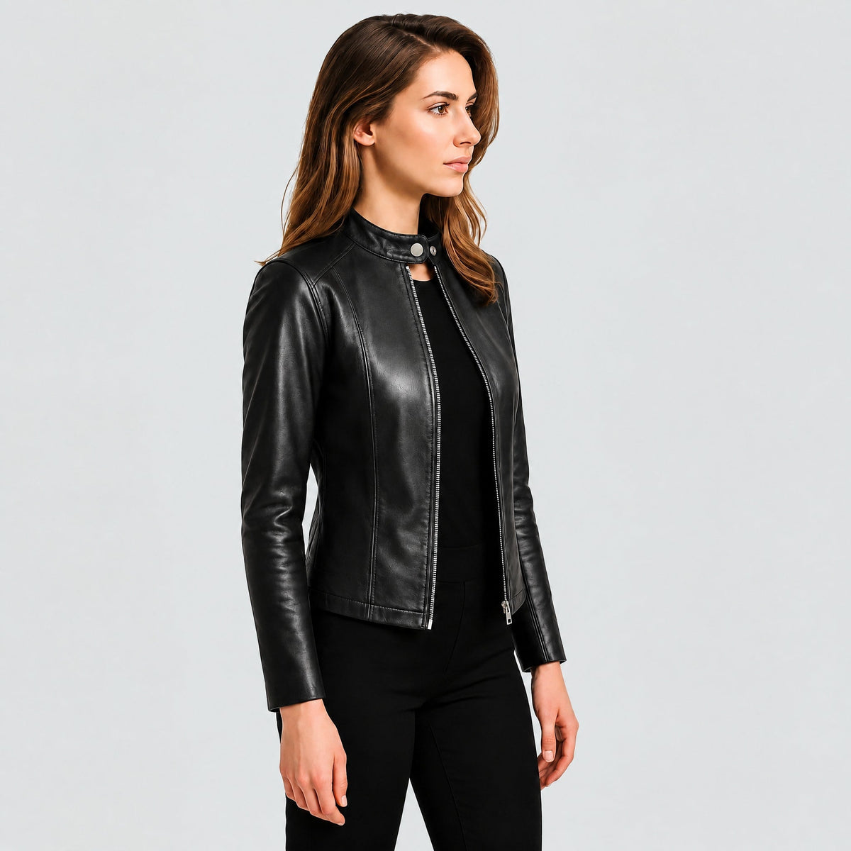 Klara - Women's Cropped Fitted Moto Jacket with Zip Closure and Snap Collar