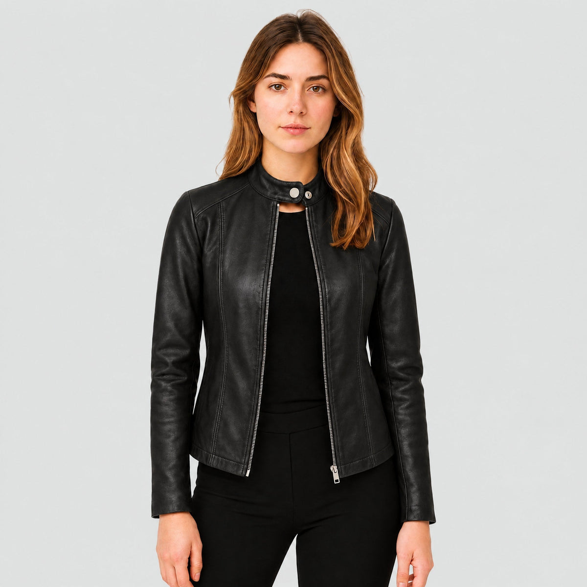 Klara - Women's Cropped Fitted Moto Jacket with Zip Closure and Snap Collar