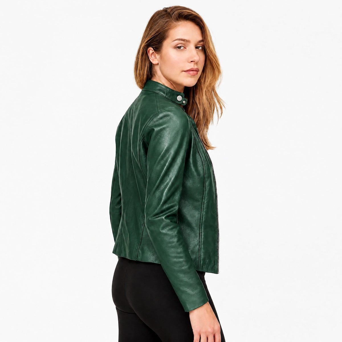 Klara - Women's Cropped Fitted Moto Jacket with Zip Closure and Snap Collar