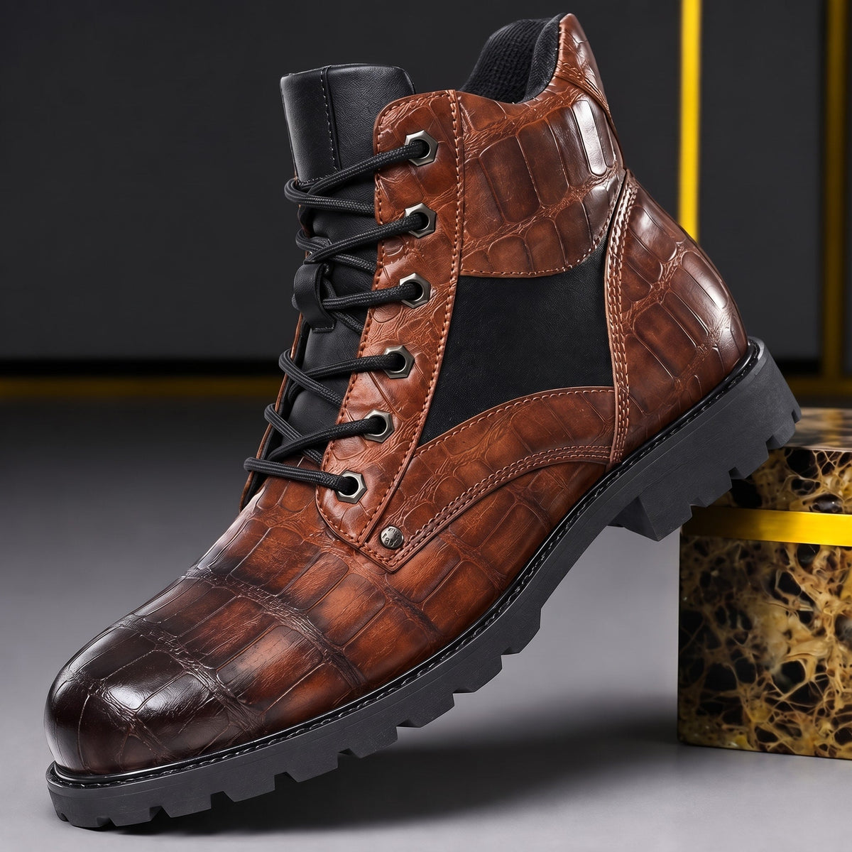 Marcus - Men's Croc-Embossed Lace-Up Ankle Boots with Lug Sole
