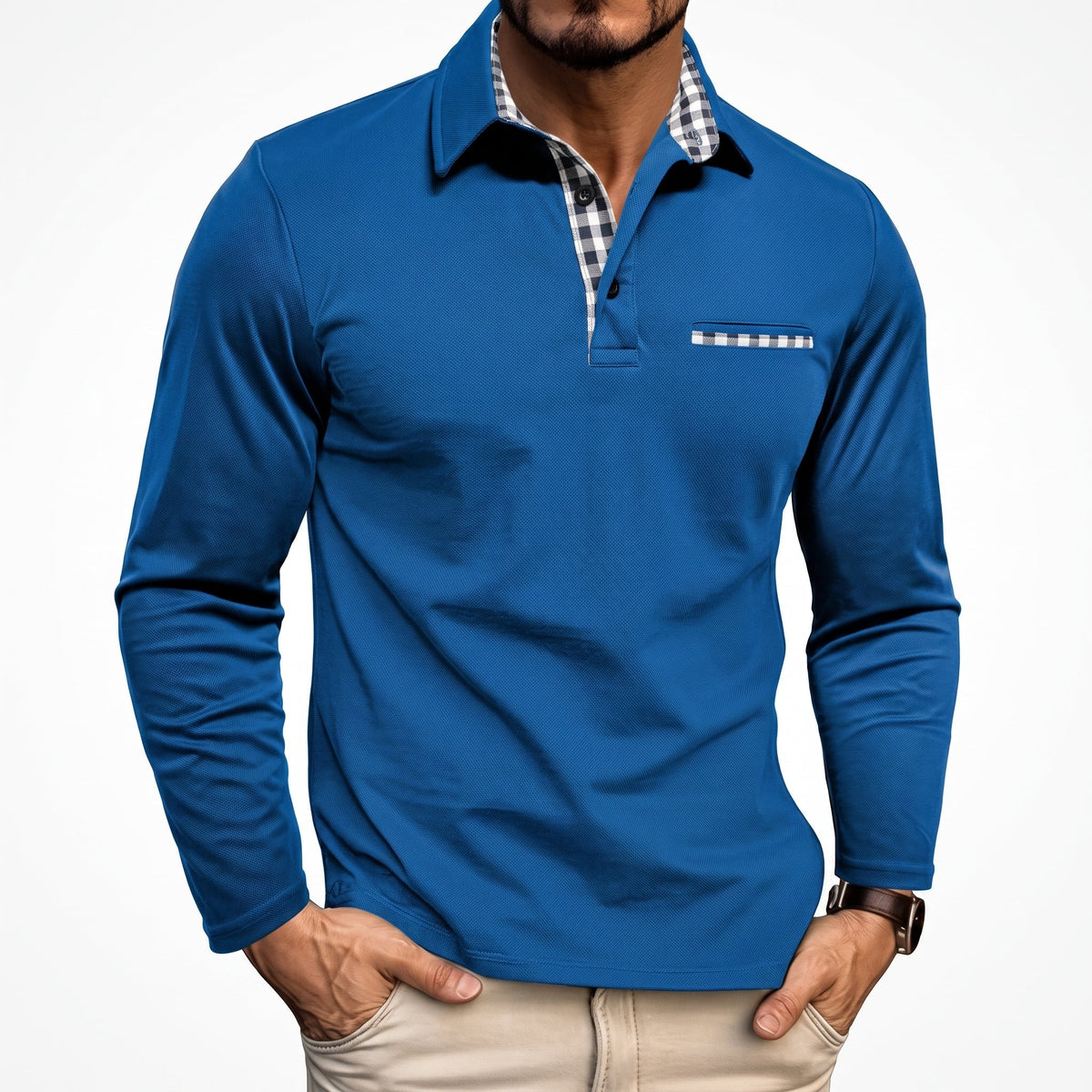 Marcus - Men's Long Sleeve Polo Shirt with Check Collar Detail