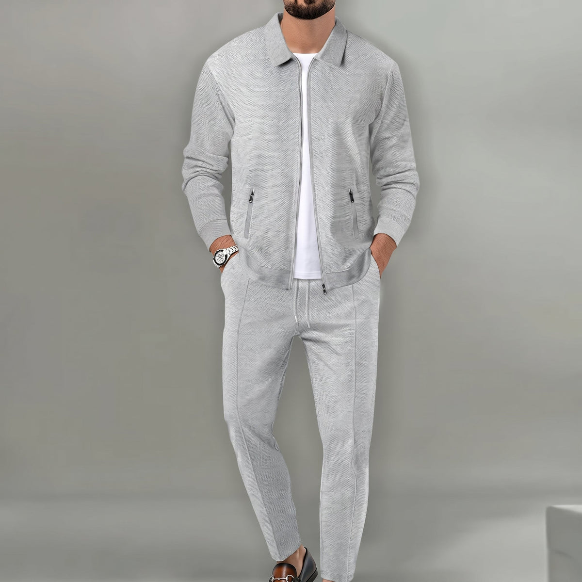 Marcus - Men's Tailored Long Sleeve Trouser Set with Zip Pockets