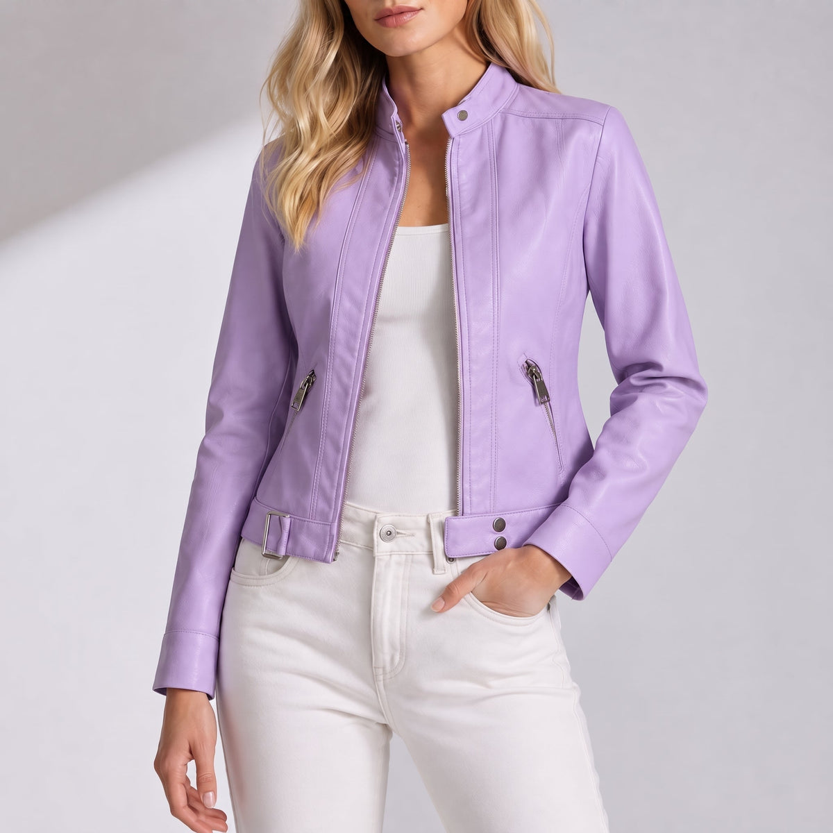 Olivia - Women's Fitted Band Collar Full Zip Panel Jacket