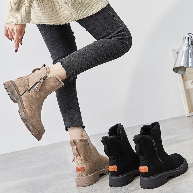 Rowan - Women's Supportive Faux Fur Trim Ankle Boots with Side Zip