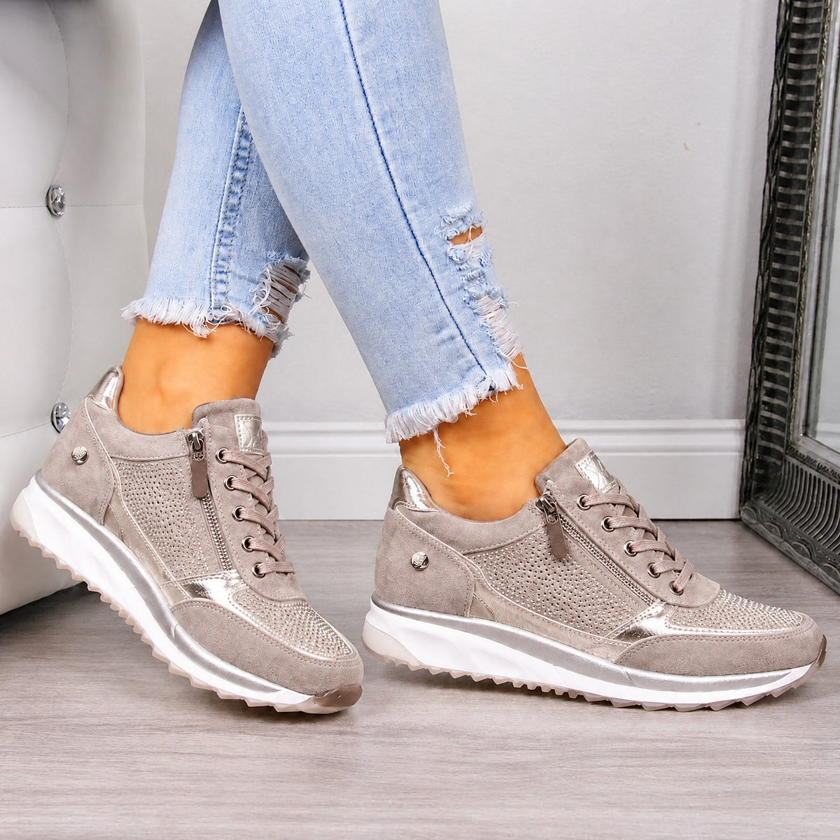 Rowan - Women's Orthopedic Lace-Up Sneaker with Rhinestone Detail
