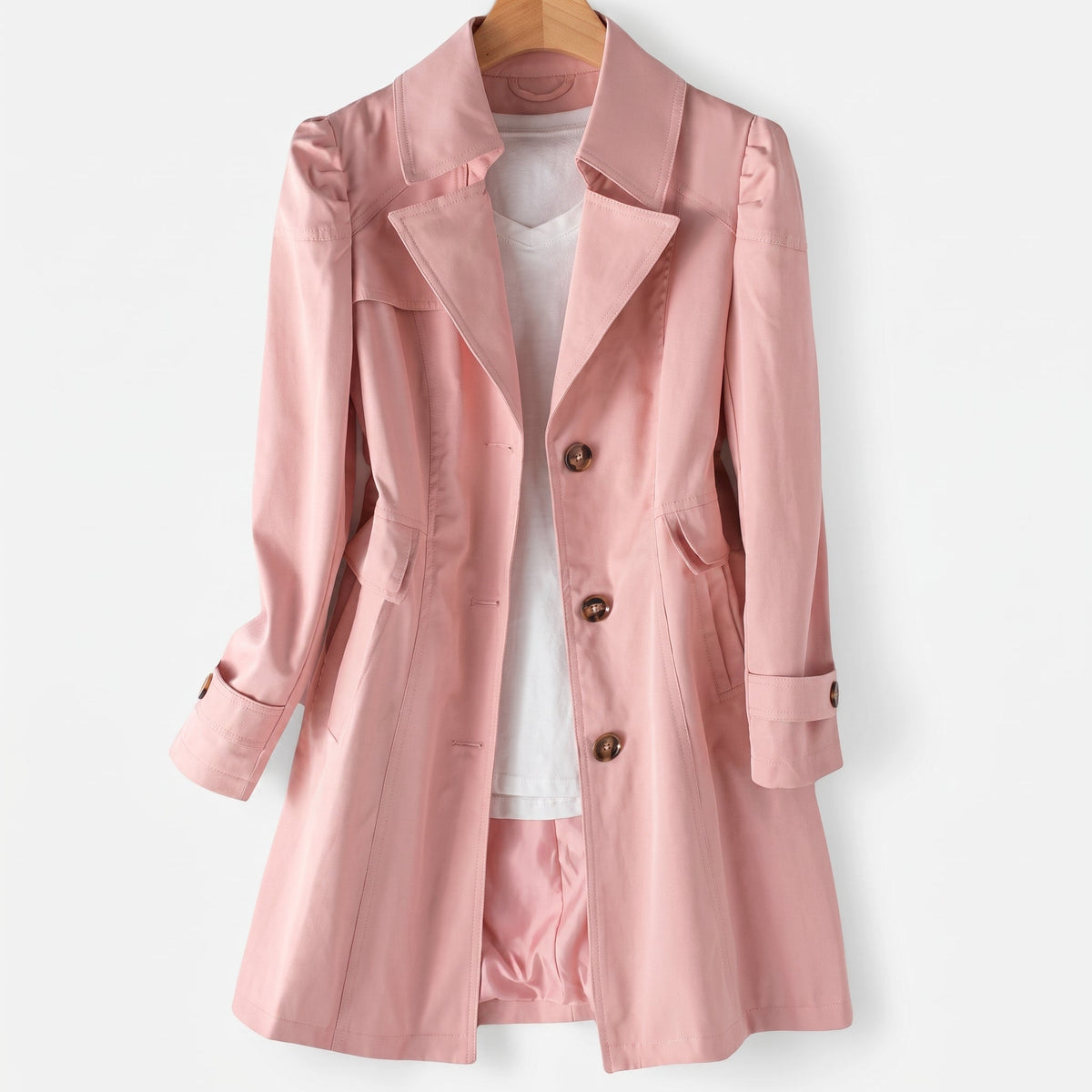 Sarah - Women's Single-Breasted Longline Trench Coat with Notch Lapel