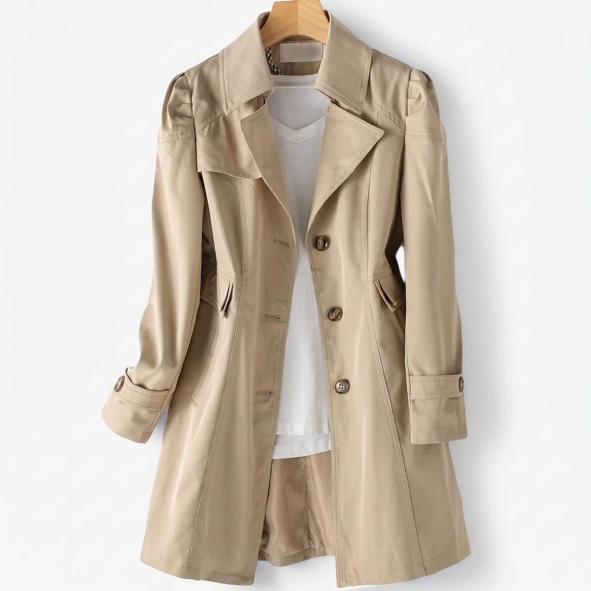 Sarah - Women's Single-Breasted Longline Trench Coat with Notch Lapel