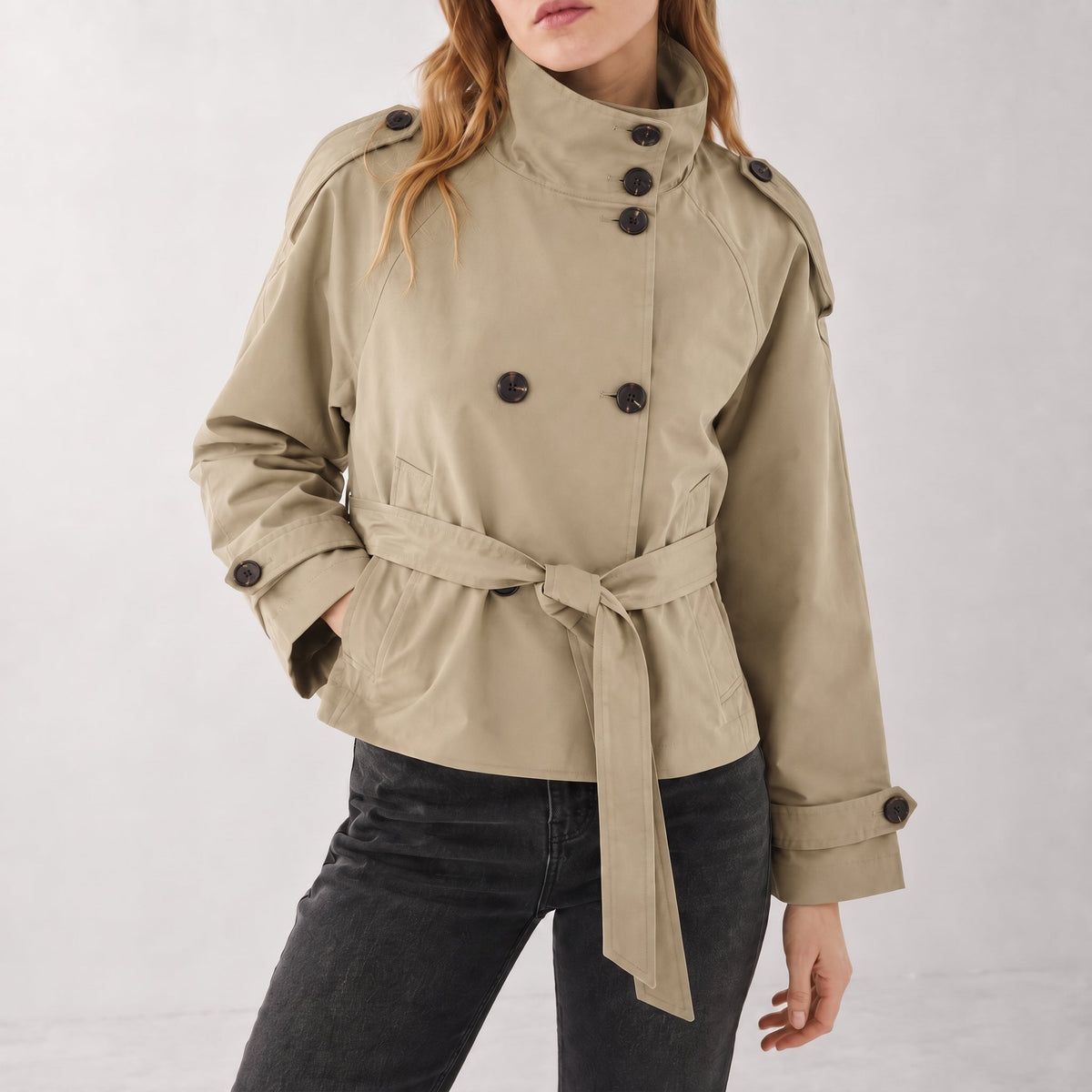 Sibylle - Women's Stand Collar Belted Cropped Jacket