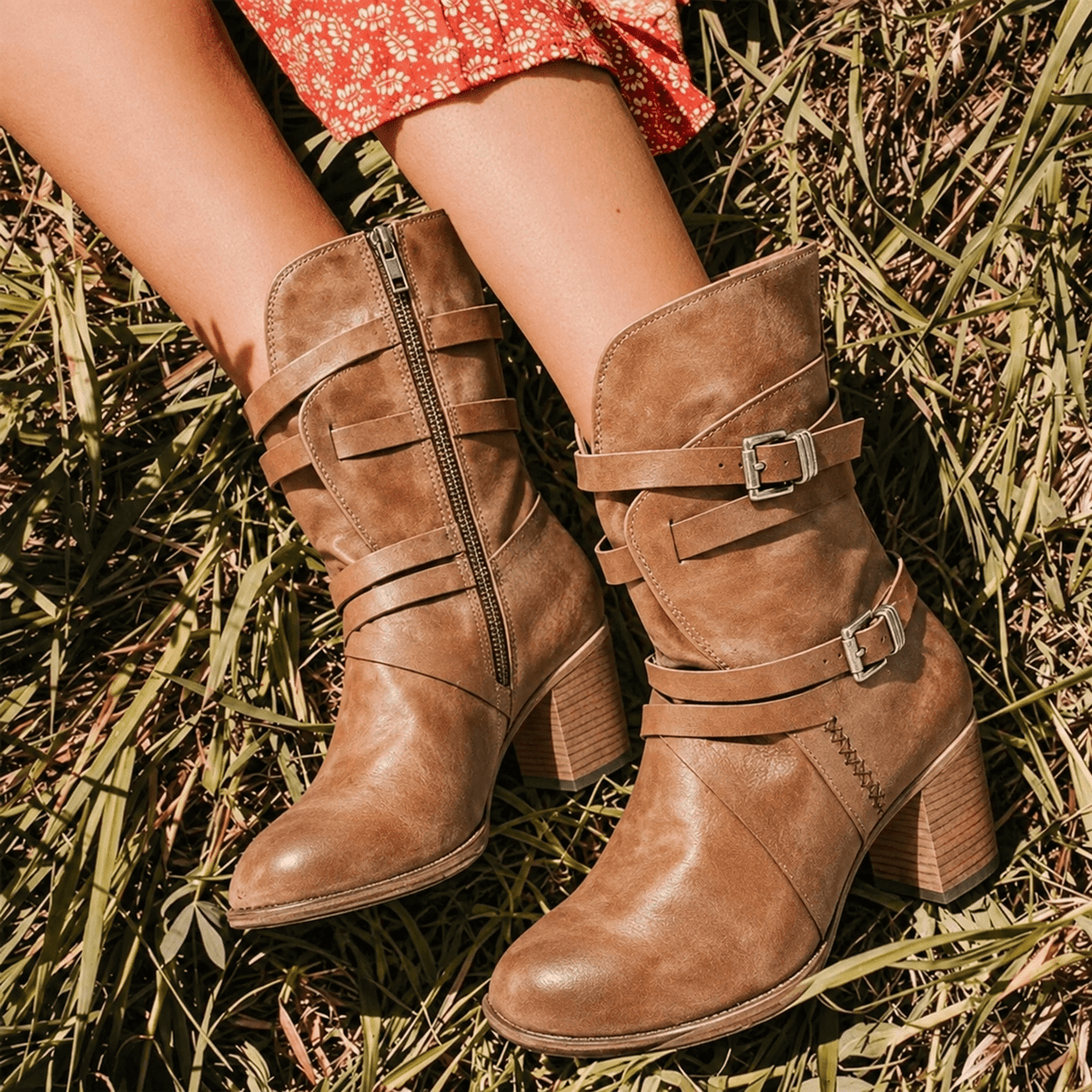 Sophie - Women's Buckle Strap Mid-Calf Boots with Side Zip and Block Heel