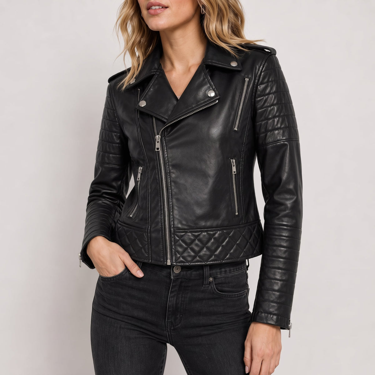 Sophie - Women's Cropped Biker Jacket with Quilted Sleeves