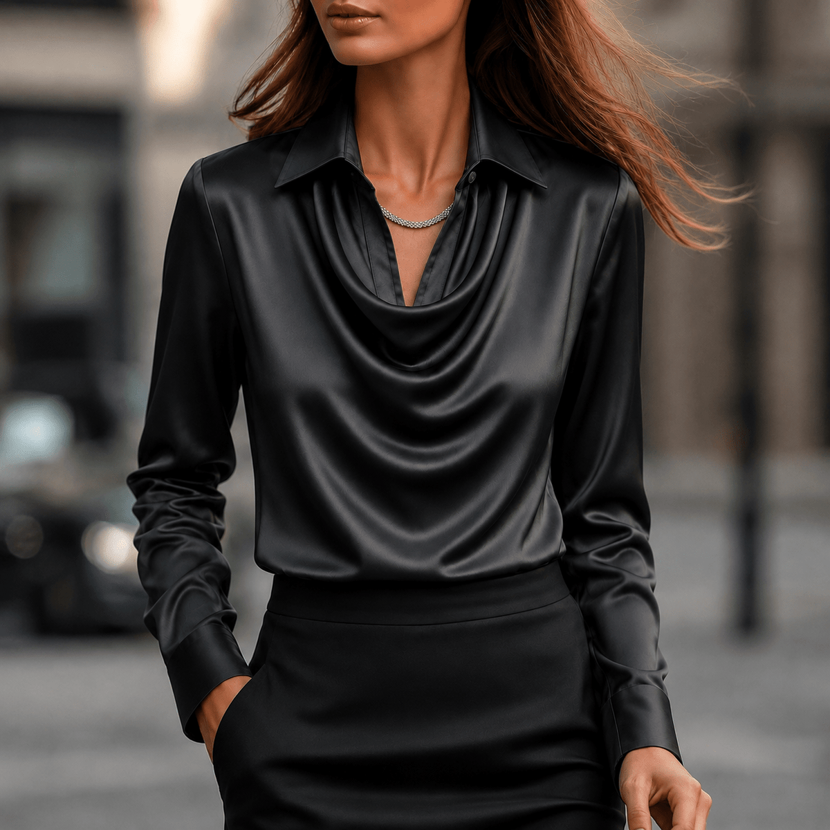 Sophie - Women's Long Sleeve Cowl Neck Blouse with Collar