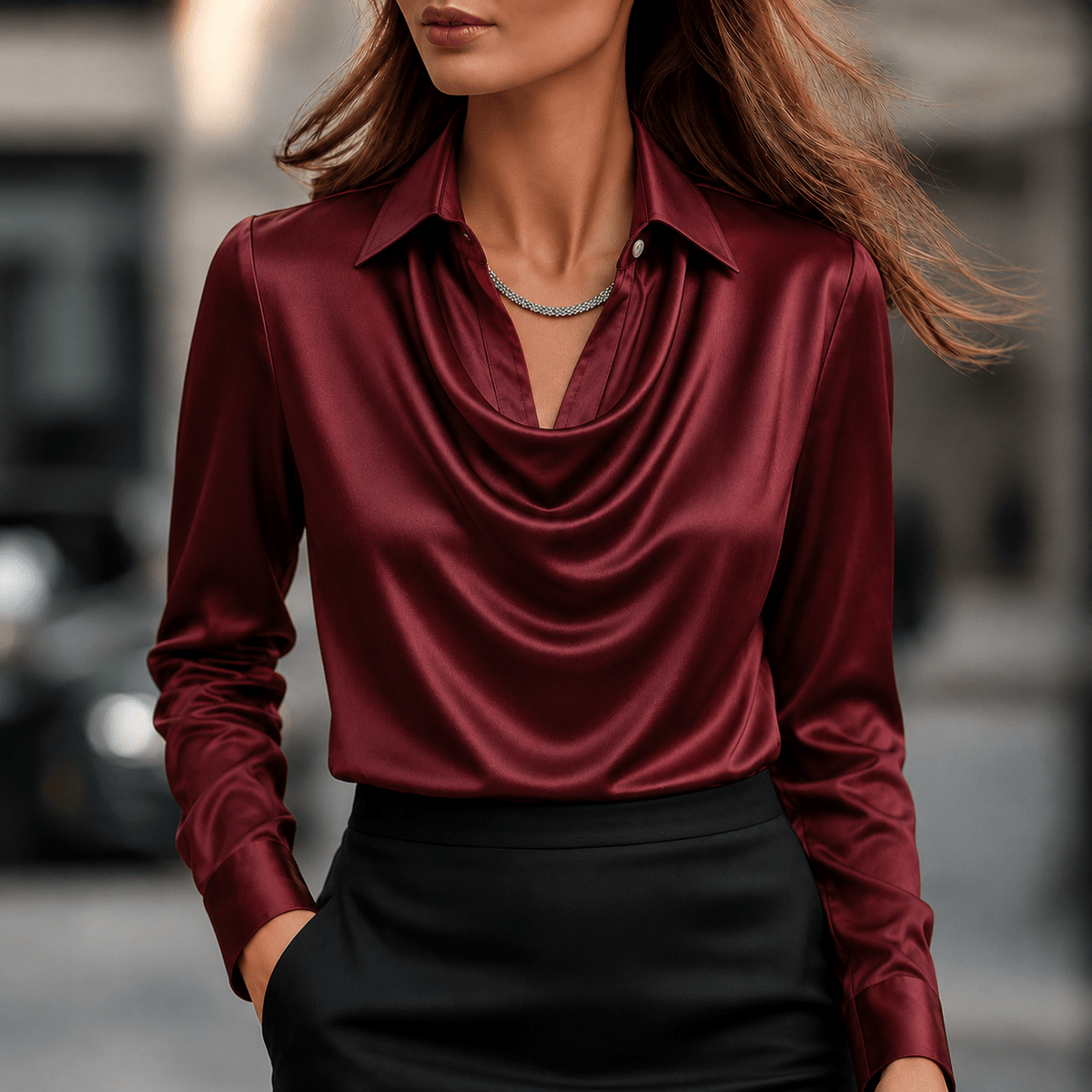 Sophie - Women's Long Sleeve Cowl Neck Blouse with Collar