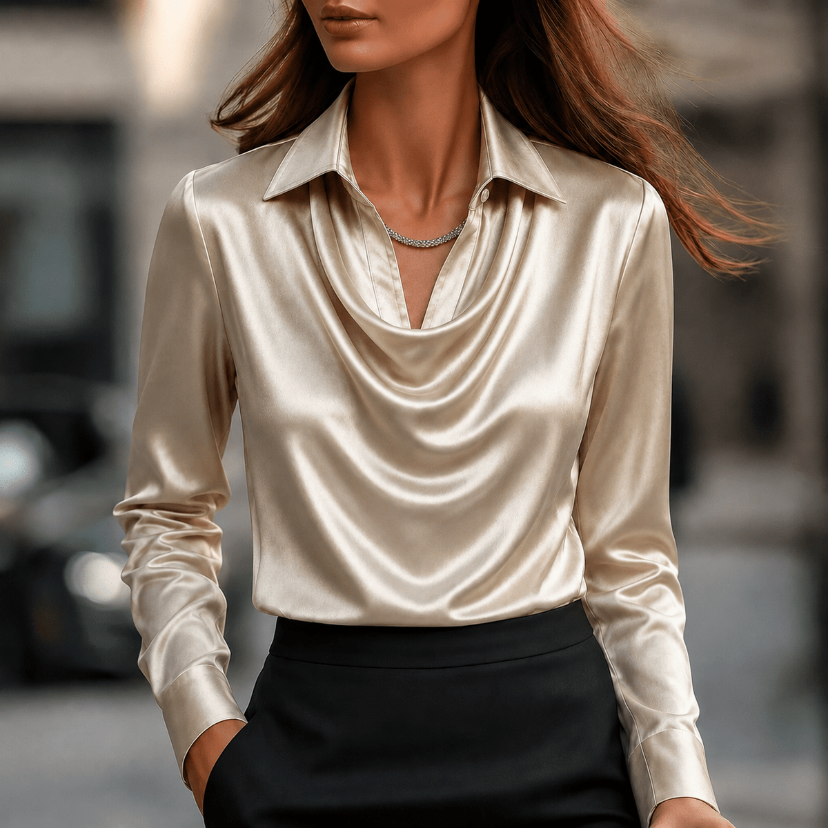 Sophie - Women's Long Sleeve Cowl Neck Blouse with Collar